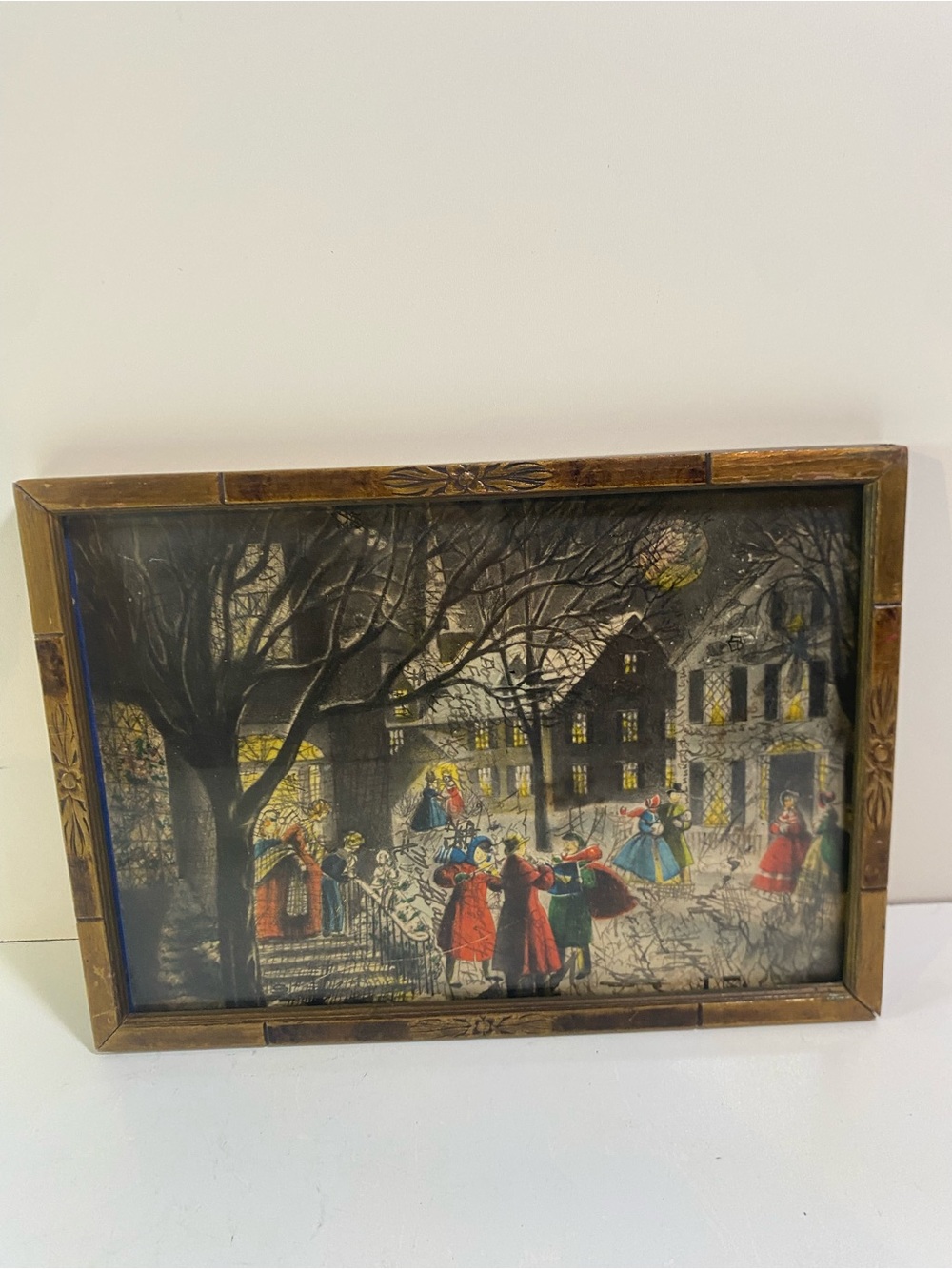 Vintage Winter Holiday Lithograph In Vintage Wooden Carved Frame 7.5”x11”